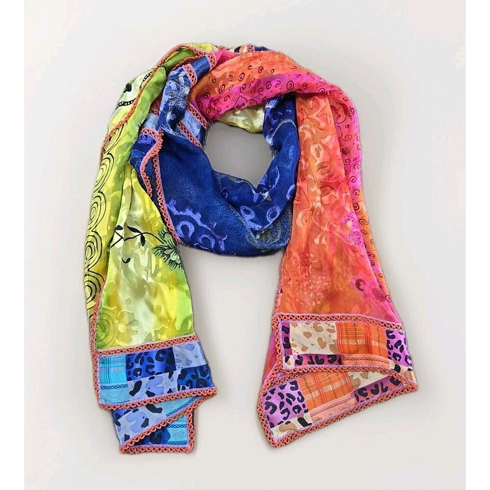 Chico's Silk Scarf Colorful Patchwork Skinny Rectangle 62" x  13"